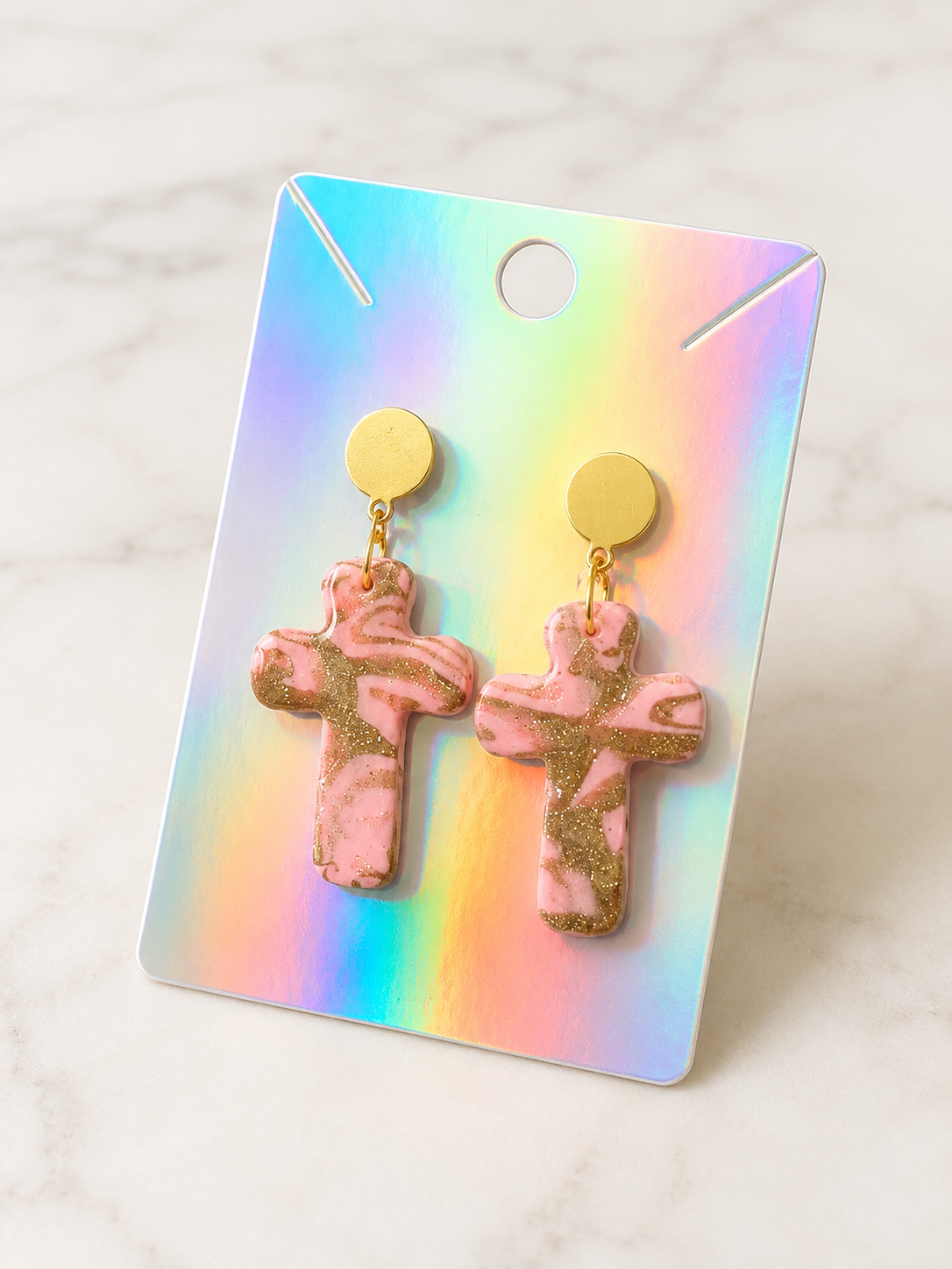 Pink and Gold Cross Earrings